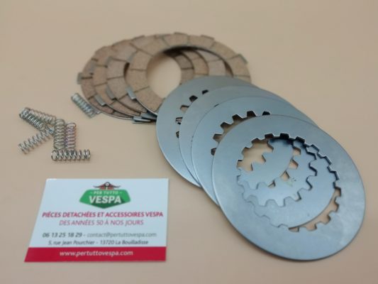 Kit disques d' embrayage complet type origine (4 disques + plateaux + 8 ressorts) pour Vespa PX 125 / 150 / 200  / Cosa 2