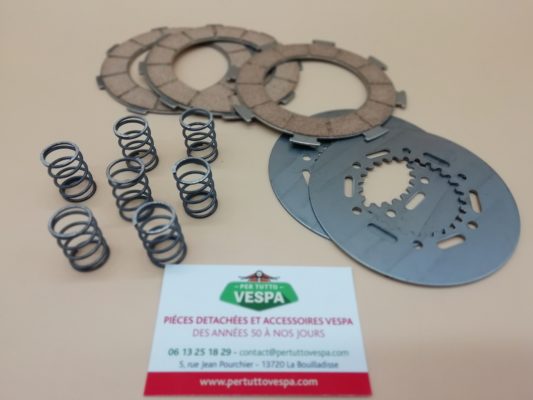 Kit embrayage complet origine (3 disques, plateaux, 7 ressorts) pour Vespa 150 GS-s5 / 160 GS / 180 SS / Rally 180-200  / PX 125/150/200  / T5 / 200 Cosa