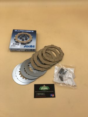 Disques d'embrayage POLINI (4 disques lièges, 4 disques lisses + 8 ressorts)  pour vespa PX avec embrayage type Cosa2