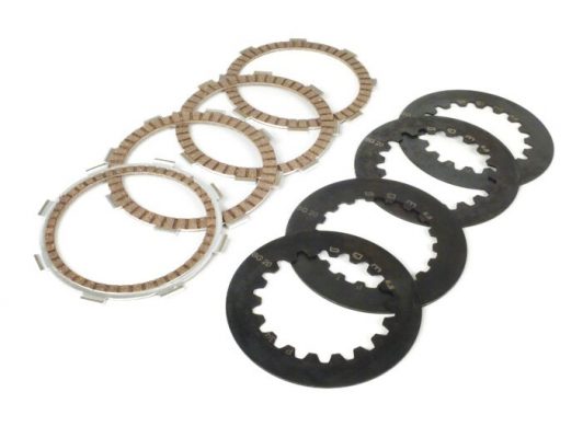 Kit disques d’embrayage garnis, disques lisses incl. -BGM PRO SPORT Alu- type Honda CR80, compatible avec cloche d’embrayage de série de Vespa Cosa2/FL (1992-), PX (1995-), Superstrong, Scooter & Service, MMW, Ultrastrong - 4 disques