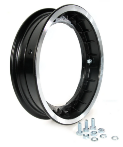 Pack de 2 jantes aluminium noir / bord poli (non tubless ) en 2,1 x 10 pouces pour Vespa 50 / 125 Primavera / ET3 / Sprint / Gtr / Rally / Px ...