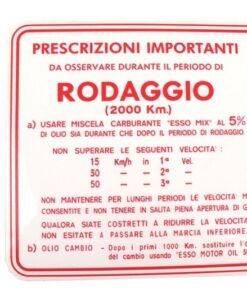 Sticker de rodage -QUALITÉ OEM- Vespa, italien, 3 vitesses, mélange 5% - rouge / convient aussi pour les ACMA des années 50