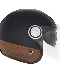 Casque NOX jet Héritage noir mat - cuir marron avec visière transparente + visière intérieure intégrée fumée - taille M