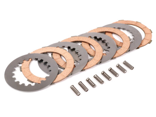 Kit disques d' embrayage complet NEWFREN (4 disques + plateaux + 8 ressorts) pour Vespa PX 125 / 150 / 200  / Cosa 2