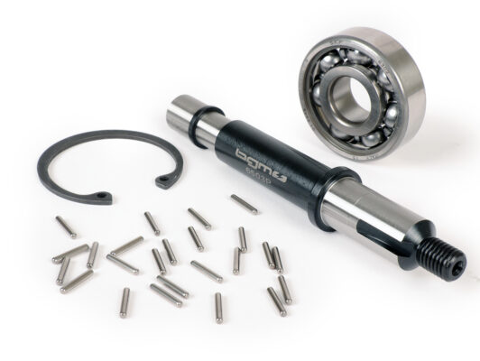 Axe du pignon élastique BGM pour Vespa PX 125-150-200, Cosa, T5 125cc - avec roulement + clip + aiguilles , bague Ø=13mm, l=121mm